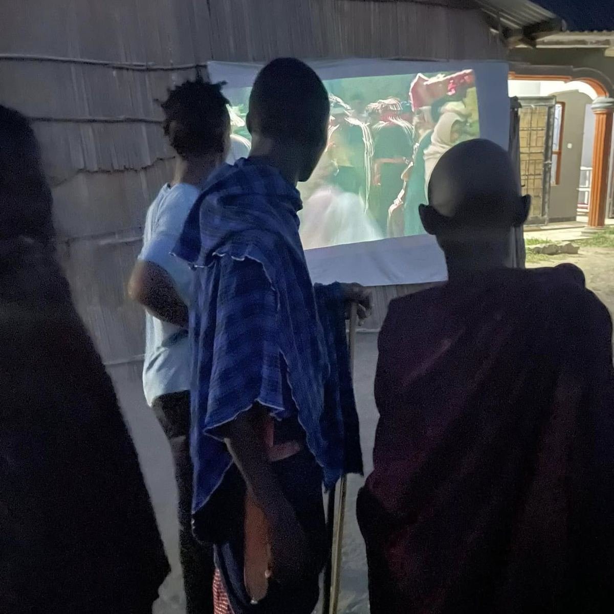 Villagers watching the Jesus film projected onto a sheet after dark